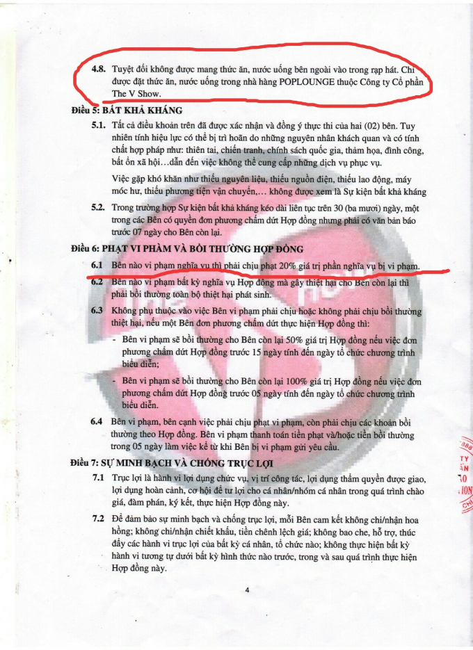 Hợp đồng dịch vụ giữa V&acirc;n Sơn v&agrave; Kh&aacute;nh Loan với điều khoản thỏa thuận về thời gian sử dụng s&acirc;n khấu.