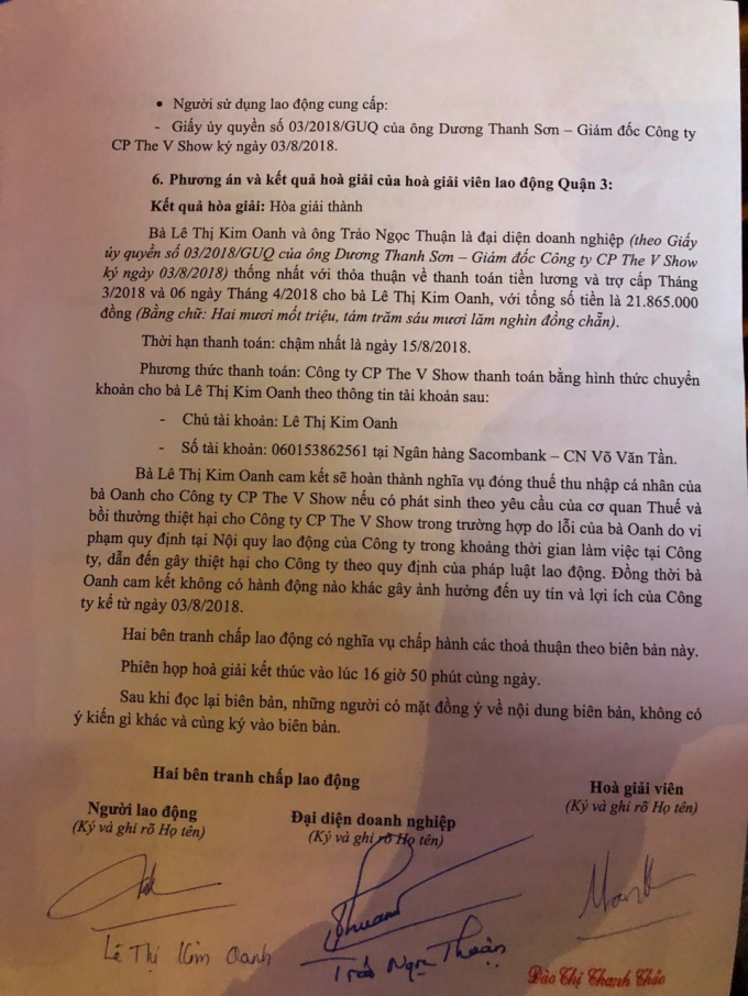 Bi&ecirc;n bản h&ograve;a giải tranh chấp lao động giữa The V show v&agrave; chị L&ecirc; Thị Kim Oanh.
