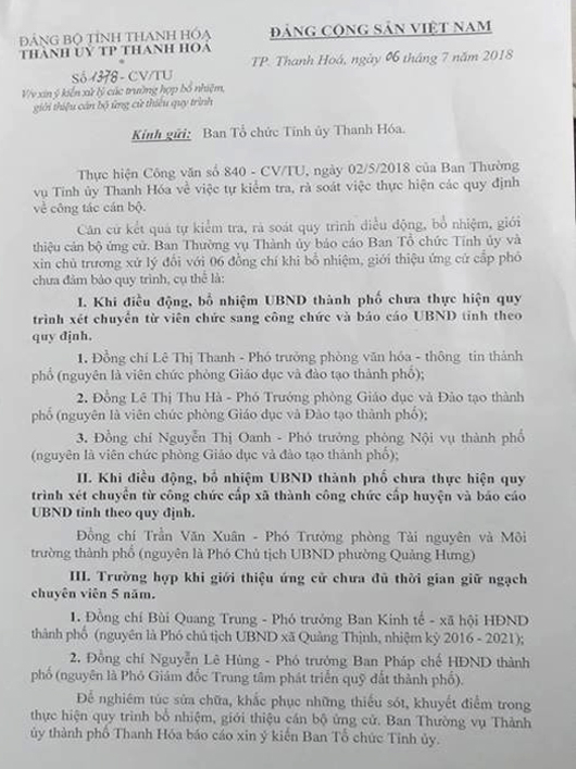 Mặc d&ugrave; c&oacute; trong tay thẩm quyền xử l&yacute;, nhưng Th&agrave;nh ủy TP Thanh H&oacute;a vẫn l&agrave;m văn bản xin &yacute; kiến Ban tổ chức Tỉnh ủy để xử l&yacute; 6 cấp ph&oacute; do bổ nhiệm sai.