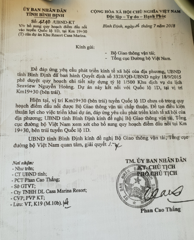 Một trong những văn bản của UBND tỉnh B&igrave;nh Định về c&aacute;c thủ tục đấu nối ra QL1D,&nbsp;tr&aacute;i với ph&aacute;t ng&ocirc;n