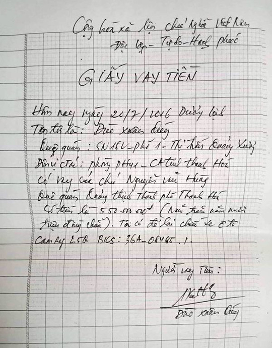 Giấy vay nợ cắm lại xe của &ocirc;ng Đ&agrave;o Xu&acirc;n Qu&yacute;.