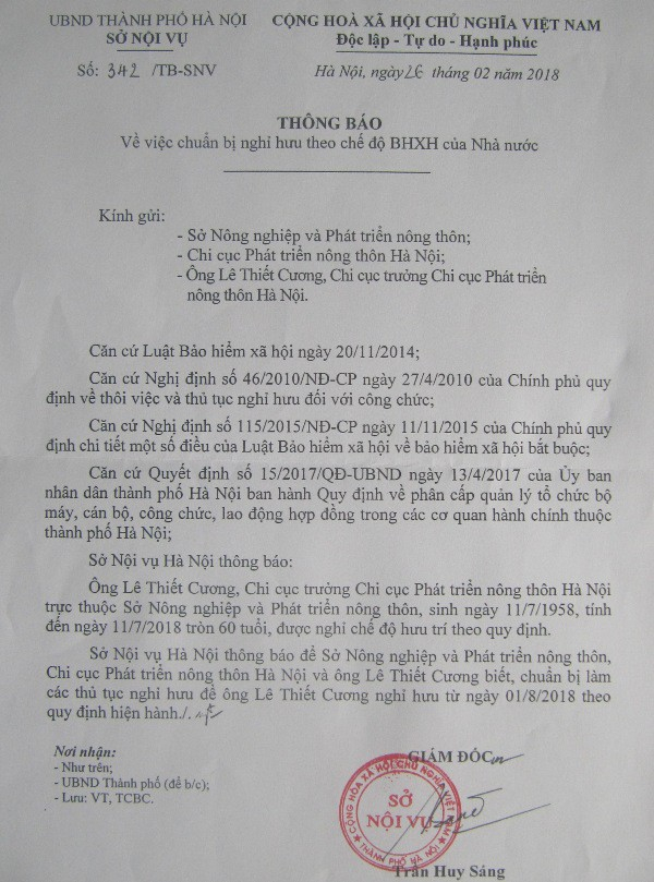 Từ cuối th&aacute;ng 2/2018, &ocirc;ng L&ecirc; Thiết Cương đ&atilde; c&oacute; th&ocirc;ng b&aacute;o nghỉ hưu từ ng&agrave;y 1/8. Tuy nhi&ecirc;n kh&ocirc;ng hiểu v&igrave; sao &ocirc;ng Cương vẫn được bố tr&iacute; đi