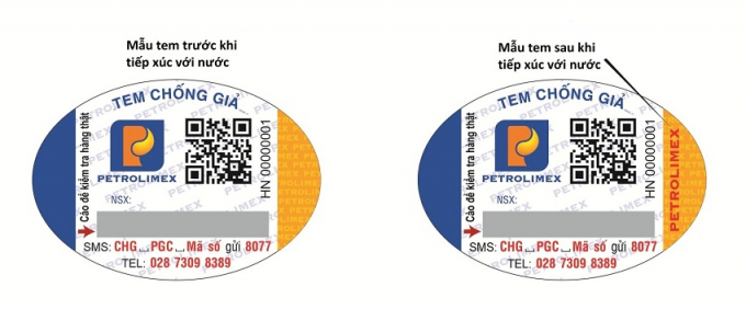 H&igrave;nh 4: Chữ &ldquo;PETROLIMEX&rdquo; m&agrave;u đỏ hiện l&ecirc;n khi b&ocirc;i nước v&agrave;o phần m&agrave;u v&agrave;ng vế b&ecirc;n phải con tem