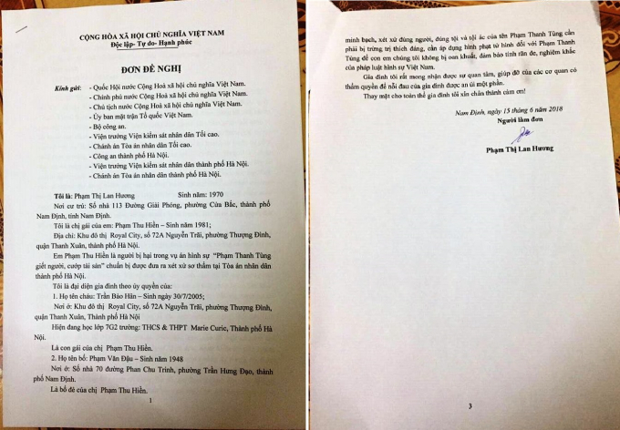 Đơn của gia đ&igrave;nh nạn nh&acirc;n gửi tới c&aacute;c cơ quan chức năng.