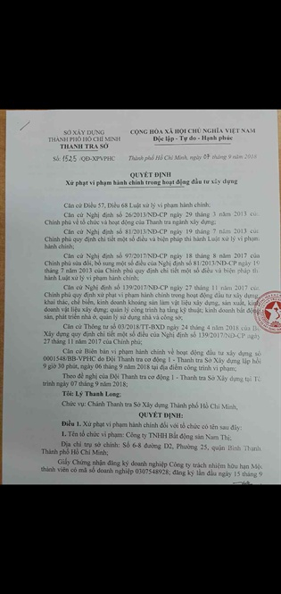 X&acirc;y tr&aacute;i ph&eacute;p, sở X&acirc;y dựng ra quyết định xử phạt chủ đầu tư