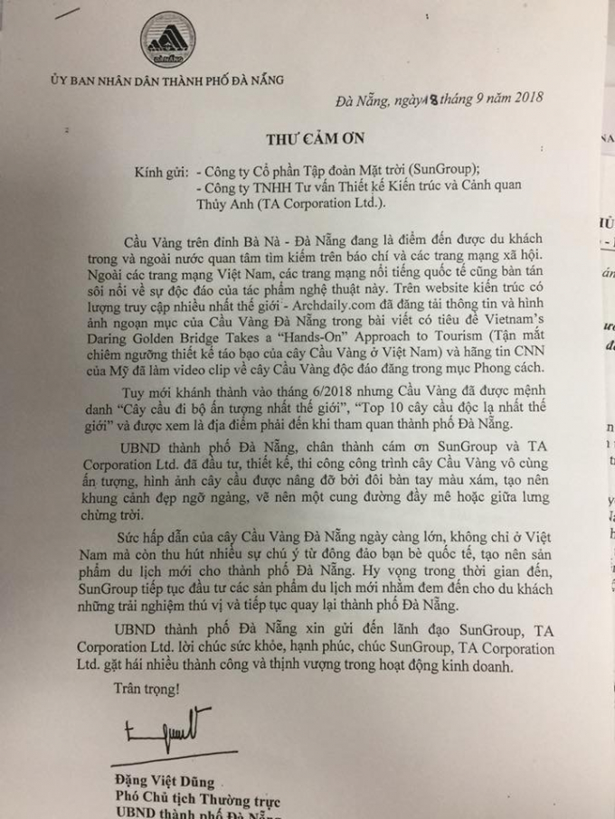 Thư cảm ơn của l&atilde;nh đạo TP Đ&agrave; Nẵng.