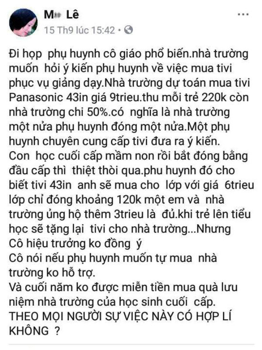 Th&ocirc;ng tin được đăng tải l&ecirc;n t&agrave;i khoản Facebook c&oacute; t&ecirc;n M... L&ecirc; với nội dung li&ecirc;n quan đến cuộc họp phụ huynh.