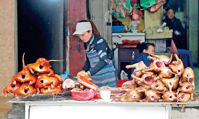 Quầy thịt ch&oacute; b&aacute;n tại chợ Mai Động, H&agrave; Nội. Ảnh: Như &Yacute;