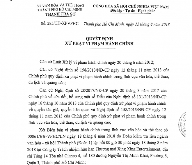 Quyết định xử phạt của Thanh tra Sở Văn ho&aacute;, Thể thao v&agrave; Du lịch TP HCM