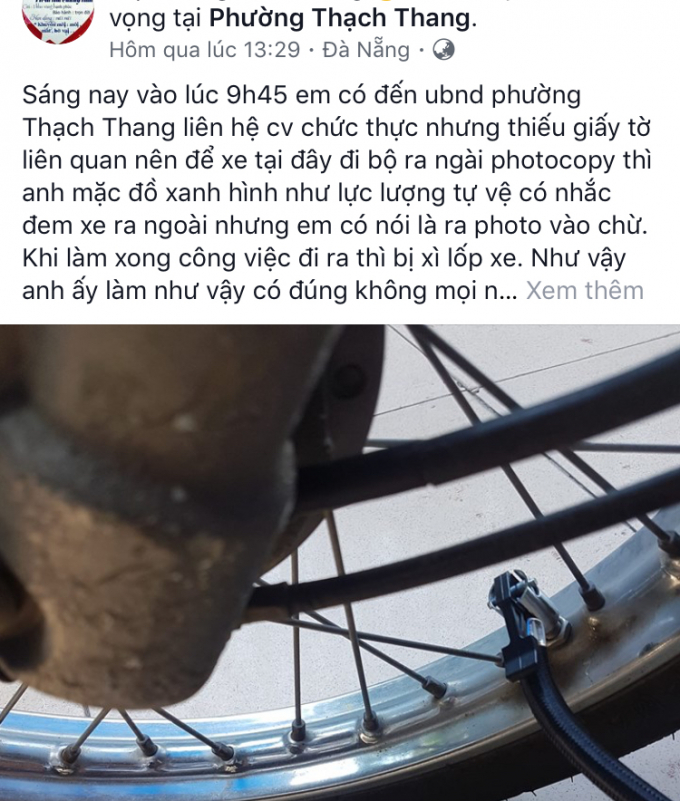 Anh K. phản &aacute;nh sự việc d&acirc;n qu&acirc;n phường x&igrave; lốp xe m&aacute;y của m&igrave;nh.