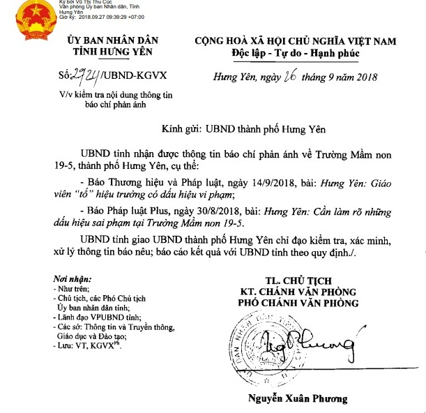 UBND tỉnh Hưng Y&ecirc;n đ&atilde; ra văn bản số 24/UBND-KGVX chỉ đạo x&aacute;c minh l&agrave;m r&otilde; những sai phạm tại trường mầm non 19-5.