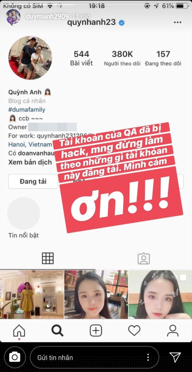 Bạn gái Duy Mạnh mới bị hack tài khoản Instagram cách đây chỉ vài ngày.