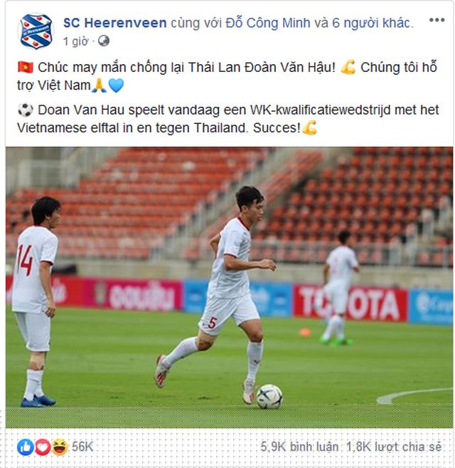 SC Heerenveen gửi lời chúc may mắn đến Đoàn Văn Hậu và đội tuyển Việt Nam ở trận gặp Thái Lan vào 19h tối nay (5/9).