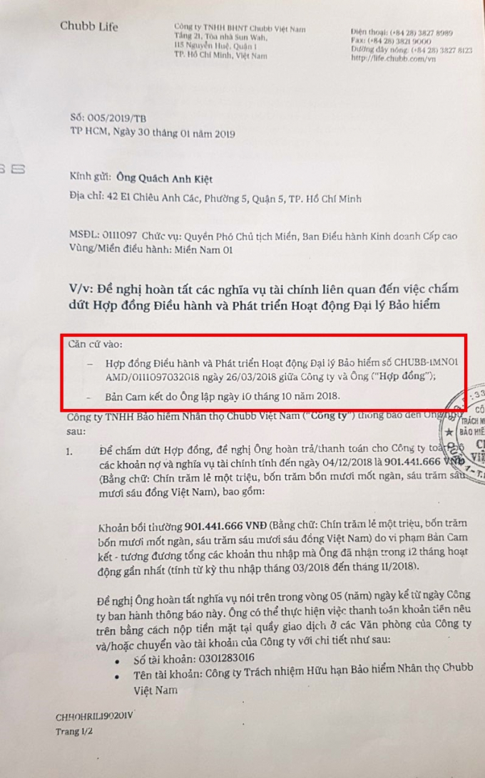 Thông báo số 005/2019/TB của Chubb Life.