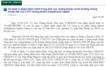 Công ty cổ phần chứng khoán Globalmind Capital bị xử phạt hành chính