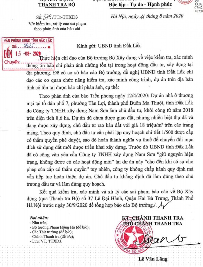 Văn bản của Bộ Xây dựng gửi UBND tỉnh Đắk Lắk
