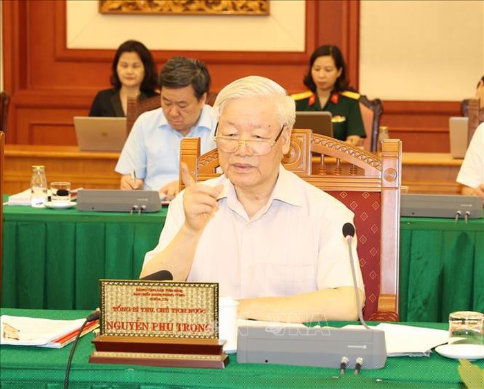 Tổng Bí thư, Chủ tịch nước Nguyễn Phú Trọng, Bí thư Quân ủy Trung ương phát biểu kết luận buổi làm việc với Ban Thường vụ Quân ủy Trung ương. Ảnh: Trí Dũng/TTXVN