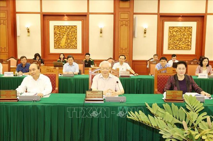 Tổng Bí thư, Chủ tịch nước Nguyễn Phú Trọng, Bí thư Quân ủy Trung ương phát biểu chỉ đạo tại buổi làm việc với Ban Thường vụ Quân ủy Trung ương.Ảnh: Trí Dũng/TTXVN