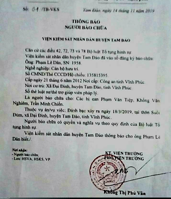 Thông báo của Viện kiểm sát nhân dân huyện Tam Đảo chấp thuận cho ông Phạm Lê Dân làm người bào chữa.