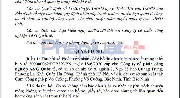 Công ty A&G Quốc tế bị thu hồi Phiếu tiếp nhận hồ sơ công bố