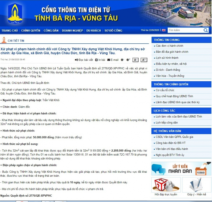 Quyết định xử phạt Công ty Việt Khôi Hưng được công bố trên cỏng thông tin tỉnh BR – VT.