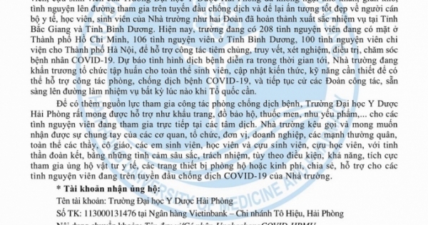 Đại học Y Dược Hải Phòng kêu gọi ủng hộ cán bộ, sinh viên trên tuyến đầu chống dịch