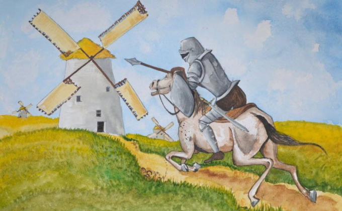 Họa h&igrave;nh Đ&ocirc;n Ki-h&ocirc;-t&ecirc; đ&aacute;nh cối xay gi&oacute;.