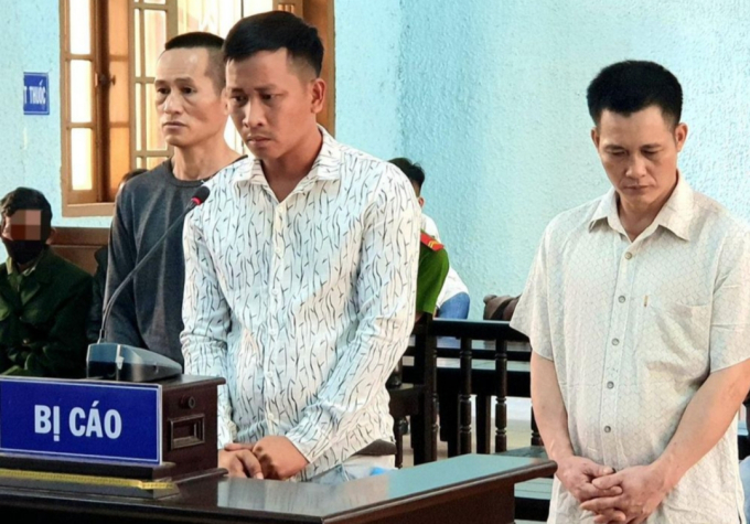 Ba bị cáo trộm 32 con trâu, bò đứng trước bục xét xử.( Ảnh: T.S).