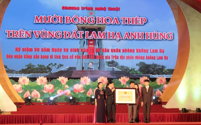 Đại diện Bộ Văn&nbsp; h&oacute;a thể thao v&agrave; Du lịch đ&atilde; trao Bằng c&ocirc;ng nhận di t&iacute;ch lịch sử cấp quốc gia Trận địa ph&aacute;o ph&ograve;ng kh&ocirc;ng Lam Hạ (1965-1972).