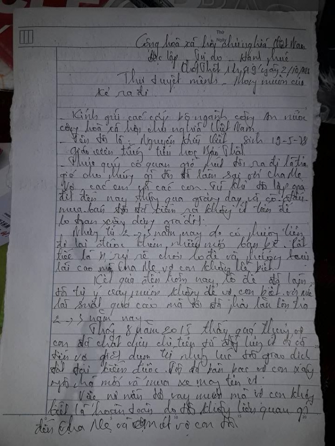 Bức thư tuyệt mệnh thầy Việt để lại trước khi tự vẫn.