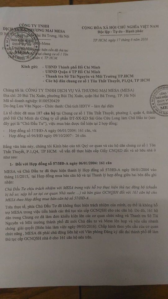 &nbsp;Văn bản C&ocirc;ng ty MESA th&ocirc;ng báo cho th&acirc;́y, C&ocirc;ng ty CP ĐT-SX-KD S&agrave;i G&ograve;n - Cửu Long l&acirc;̣t lọng thoả thu&acirc;̣n khi&ecirc;́n 187 căn h&ocirc;̣ kh&ocirc;ng được c&acirc;́p s&ocirc;̉?