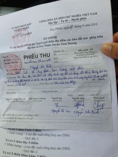 Phiếu thu 20 triệu đồng/hộ của UBND x&atilde;&nbsp;Duy Phi&ecirc;n.