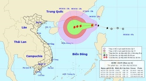 Vị tr&iacute; , dự b&aacute;o đường đi của cơn b&atilde;o số 6.&nbsp;