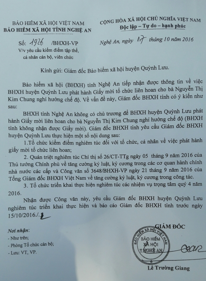 Ngay sau đ&oacute; Bảo hiểm x&atilde; hội tỉnh Nghệ An đ&atilde; c&oacute; c&ocirc;ng văn y&ecirc;u cầu &nbsp;Bảo hiểm x&atilde; hội huyện Quỳnh Luwu b&aacute;o c&aacute;o, kiểm điểm, l&agrave;m r&otilde; những nội dung li&ecirc;n quan.