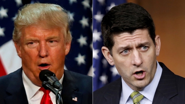 Ứng vi&ecirc;n tổng thống đảng Cộng h&ograve;a Donald Trump (tr&aacute;i) v&agrave; Chủ tịch Hạ viện Mỹ Paul Ryan. (Ảnh: CBC)