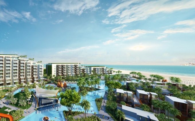 Bể bơi tr&agrave;n bờ tại Condotel Premier Residences Phu Quoc Emerald Bay.
