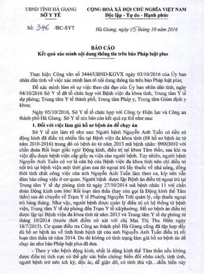 C&ocirc;ng văn báo cáo UBND tỉnh, của Sở Y t&ecirc;́ Hà Giang .