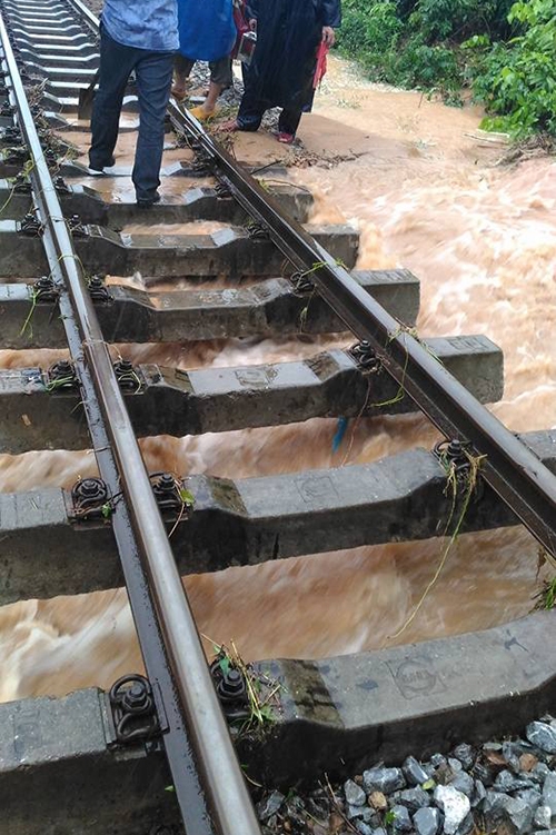 Đường sắt bắc nam đoạn qua Quảng B&igrave;nh c&oacute; 11 điểm sạt lở. Nhiều nơi nước l&agrave;m tr&ocirc;i đ&aacute; nền đường dưới thanh t&agrave; vẹt, c&oacute; đoạn ngập đường ray đến 10 cm.