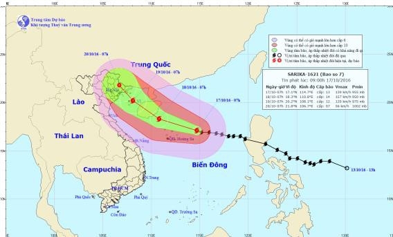 Đường đi của b&atilde;o số 7 tr&ecirc;n biển Đ&ocirc;ng.