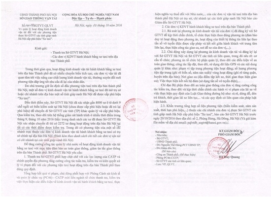 C&ocirc;ng văn ng&agrave;y 10/10/2016 của Sở GTVT H&agrave; Nội