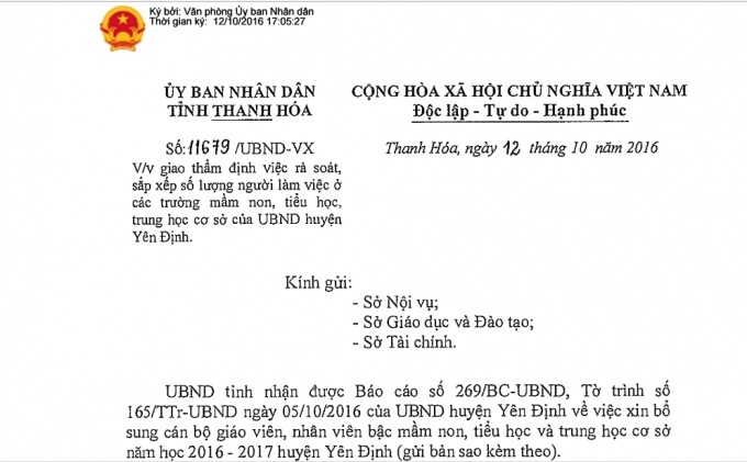 Một trong số những văn bản UBDN tỉnh Thanh H&oacute;a đ&atilde; gửi UBND huyện Y&ecirc;n Định, y&ecirc;u cầu r&agrave; so&aacute;t, sắp xếp gi&aacute;o vi&ecirc;n ở c&aacute;c bậc học của huyện.