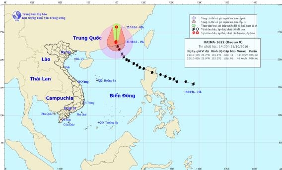 Vị tr&iacute; v&agrave; hướng di chuyển của cơn b&atilde;o số 8.&nbsp;Ảnh do&nbsp;Trung t&acirc;m Dự b&aacute;o Kh&iacute; tượng thủy&nbsp;văn Trung ương ph&aacute;t l&uacute;c 14g30 chiều 21/10.