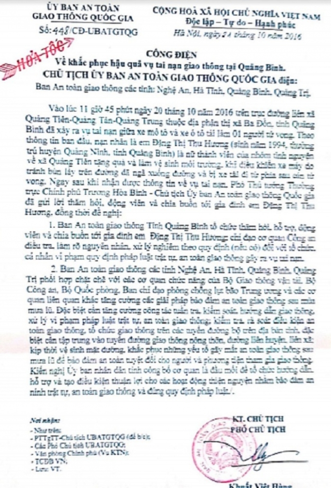 C&ocirc;ng điện Ủy ban ATGT quốc gia gửi c&aacute;c tỉnh.