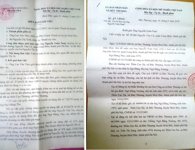 Bi&ecirc;n bản l&agrave;m việc của Thanh tra huyện Ho&agrave;i Đức với đại diện ủy quyền của b&agrave; &Aacute;i (tr&aacute;i) v&agrave; Kết luận về t&ecirc;n của &ocirc;ng Ng&ocirc; Đăng Thọ, Ng&ocirc; Đăng Trường.