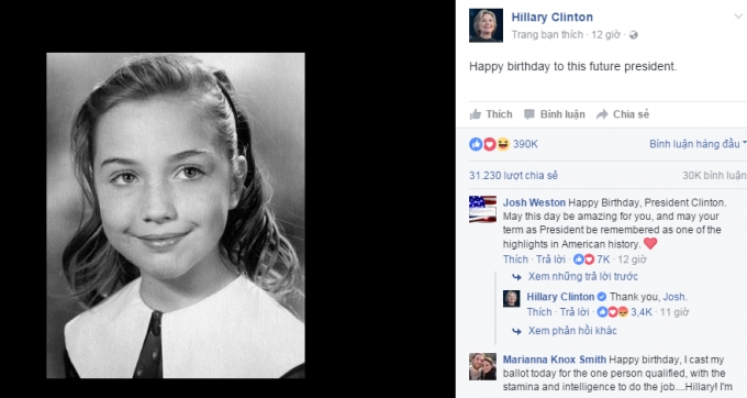 Lời tự ch&uacute;c b&agrave; Clinton chia sẻ tr&ecirc;n Facebook c&aacute; nh&acirc;n.