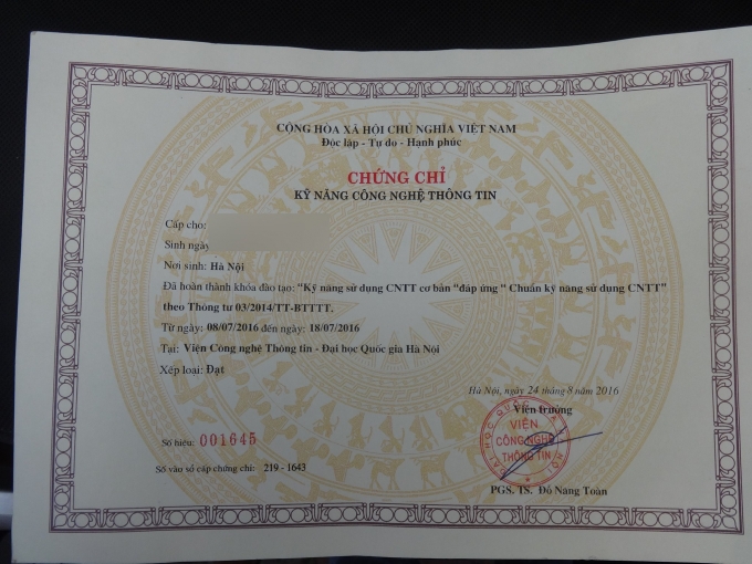 Chứng chỉ tin học đ&atilde; được cấp.