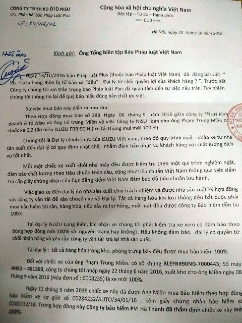 C&ocirc;ng văn phản hồi của&nbsp;C&ocirc;ng ty TNHH KD &ocirc; t&ocirc; NISU gửi đến Ph&aacute;p Luật Plus.