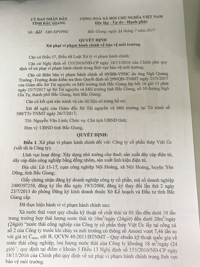 C&ocirc;ng ty Cổ phần th&eacute;p Việt &Uacute;c xả thải vượt quy chuẩn gấp 7 lần