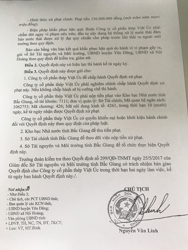 &nbsp;&nbsp;Chủ tịch UBND tỉnh Bắc Giang đ&atilde; k&yacute; quyết định số 1321/QĐ-XPVPHC, xử phạt vi phạm h&agrave;nh ch&iacute;nh về bảo vệ m&ocirc;i trường.