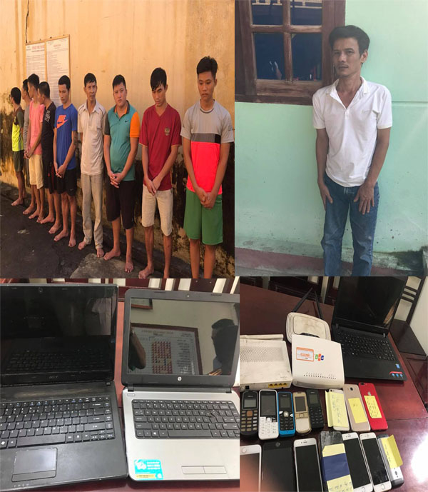 C&aacute;c đối tượng trong đường d&acirc;y đ&aacute;nh bạc v&agrave; số tang vật thu được. (Ảnh: b&aacute;o C&ocirc;ng an nh&acirc;n d&acirc;n)